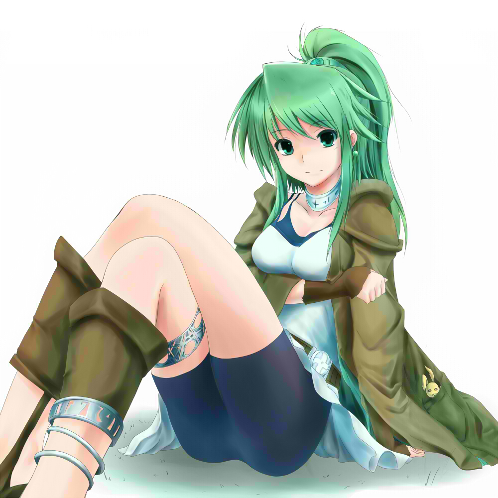 1girl, breast_hold, breasts, collar, duel_monster, earrings, gloves, green_eyes, green_hair, hairband, jacket, jewelry, juunisan_(nsitnmsng2bn), long_hair, looking_at_viewer, ponytail, shorts, simple_background, sitting, skirt, smile, solo, winda_priestess_of_gusto, yuu-gi-ou