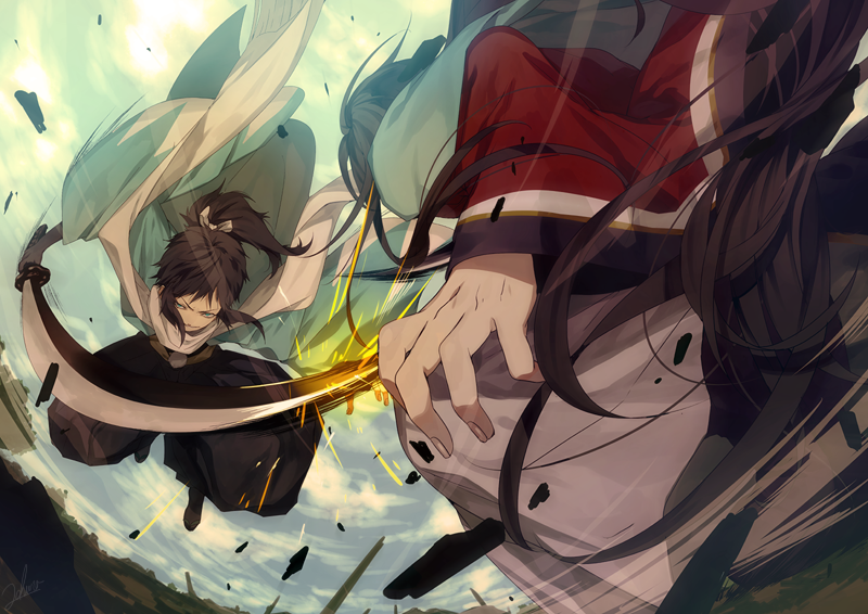2boys, action, black_hair, blue_eyes, fighting, hakama, hako_ichiiro, high_ponytail