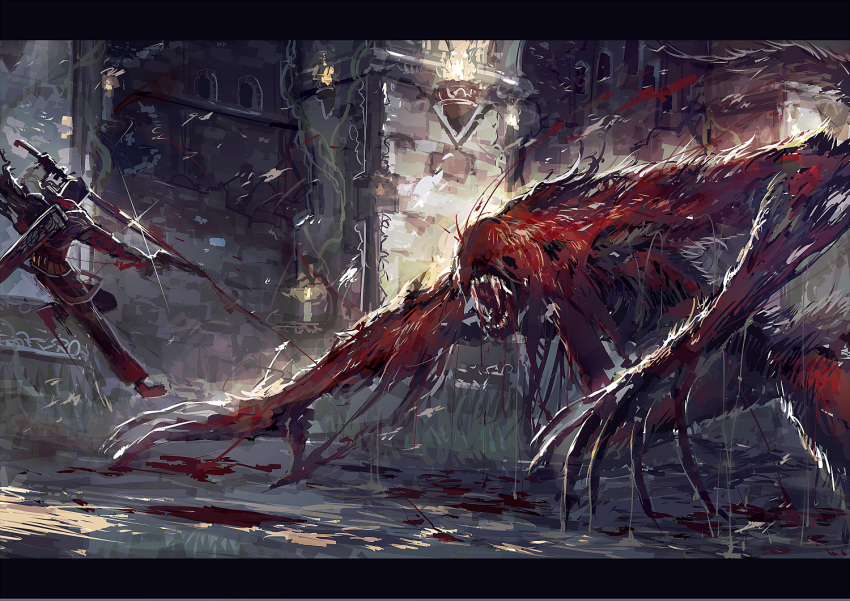 blood-starved_beast, bloodborne, gun, hood, hunter_(bloodborne), left-handed, letterboxed, mamuru, open_mouth, sword, weapon