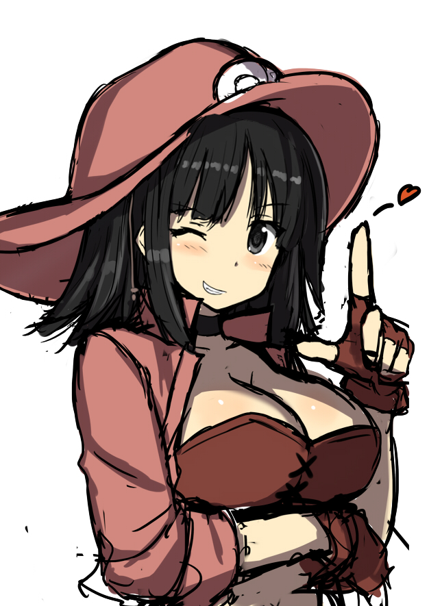 1girl, black_eyes, black_hair, blush, breast_hold, breasts, bustier, choker