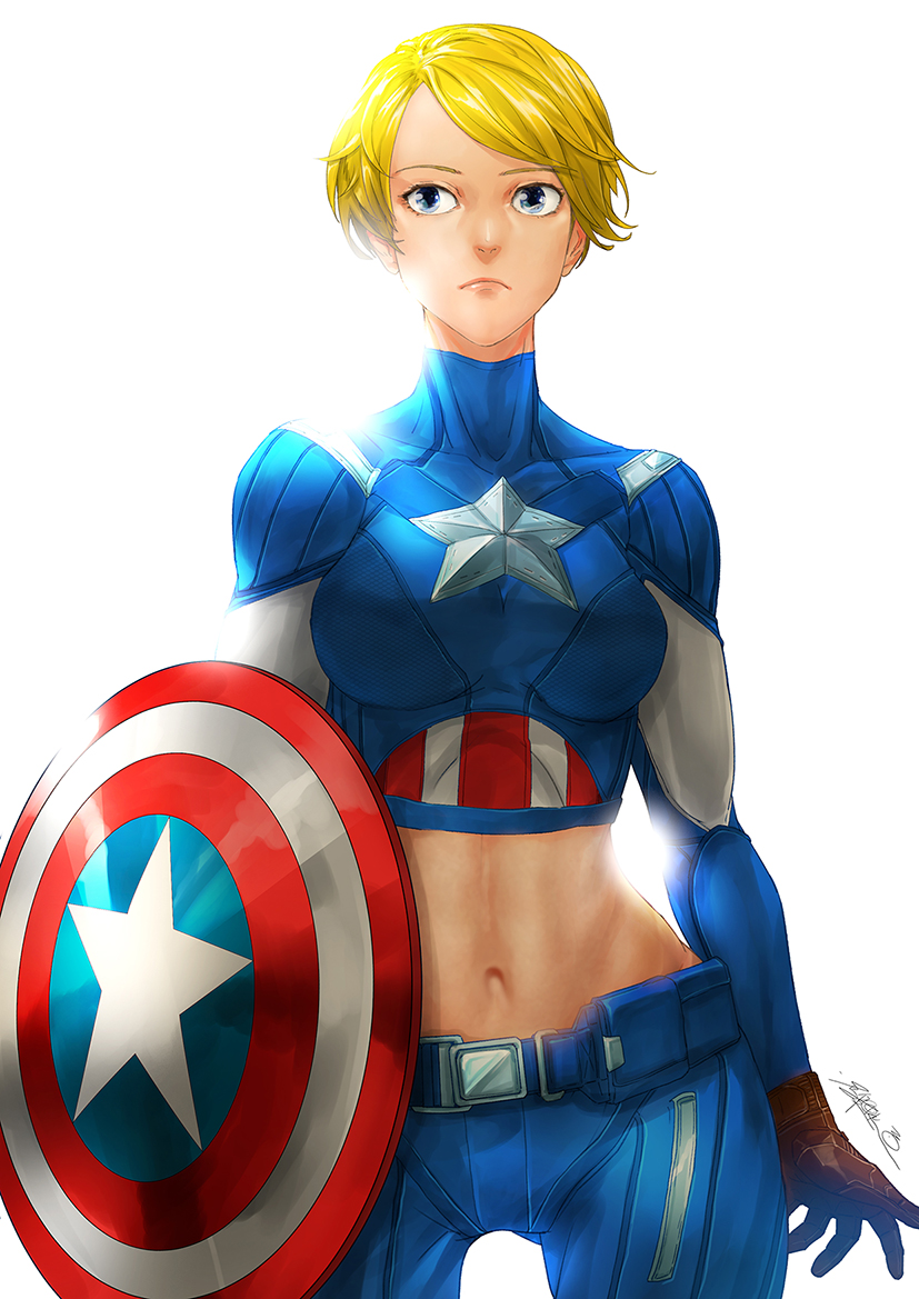 1girl, blonde_hair, blue_eyes, captain_america, genderswap, marvel, midriff, santa_fung