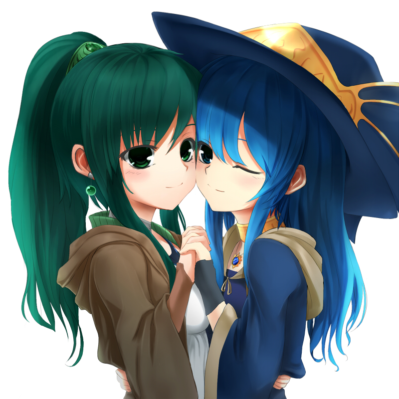 2girls, blush, choker, duel_monster, earrings, gishki_ariel, gloves, hands_together