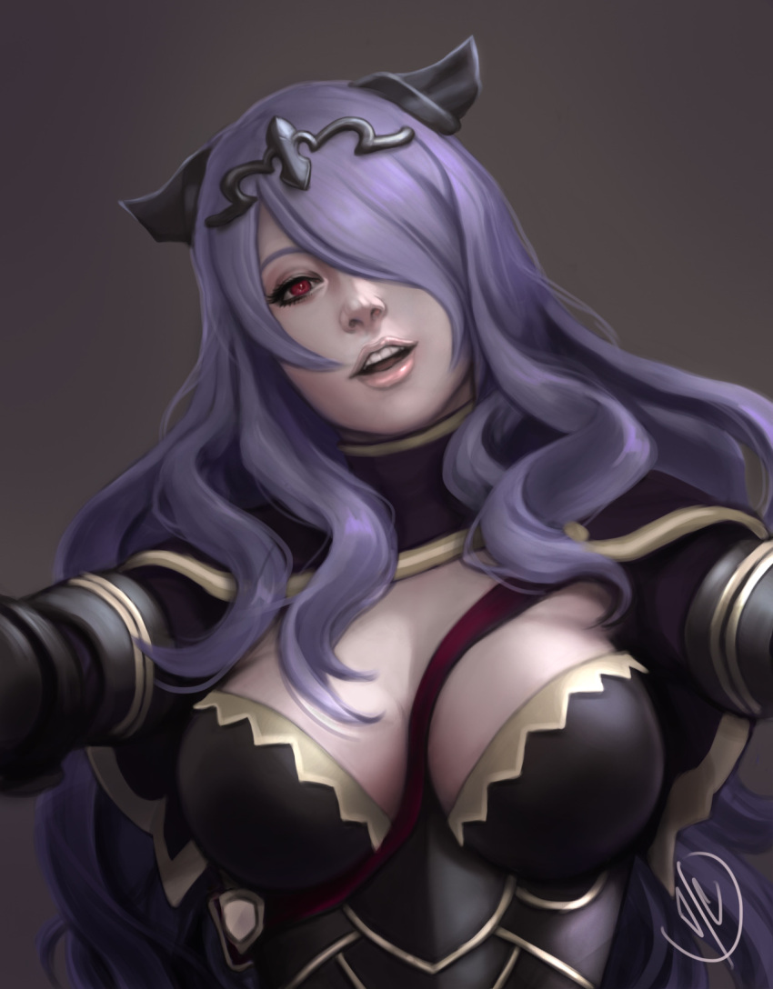 1girl, breasts, brown_background, camilla_(fire_emblem_if), fire_emblem, fire_emblem_if, hair_over_one_eye, highres, horns, jaeon009, lips, long_hair, looking_at_viewer, open_mouth, purple_hair, reaching, realistic, red_eyes, signature, smile, solo, strap