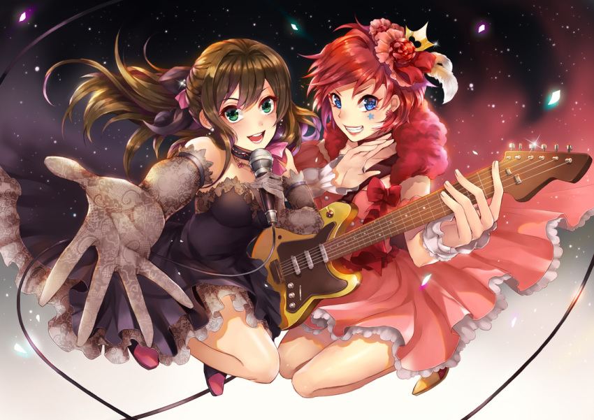 2girls, blue_eyes, brown_hair, crossover, dress, elbow_gloves, gloves, green_eyes