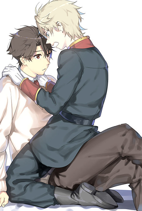 2boys, aldnoah.zero, brown_eyes, brown_hair, gloves, grey_hair, kaizuka_inaho, kurumiya_hato