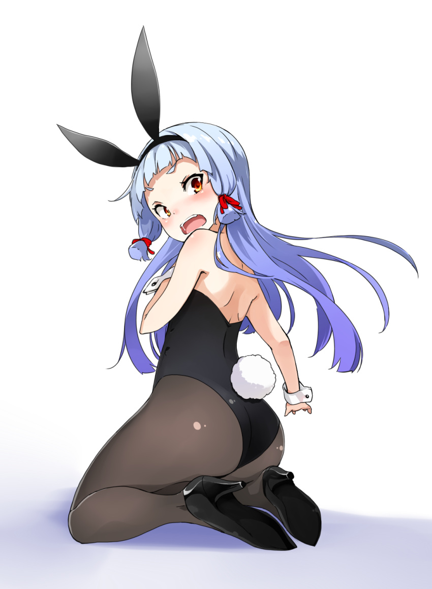 1girl, animal_ears, ass, back, bare_shoulders, black_shoes, blue_hair, blush, bunny_tail, bunnysuit, hair_ornament, hair_ribbon, high_heels, highres, hime_cut, kantai_collection, kneeling, looking_back, murakumo_(kantai_collection), nino_(shira), open_mouth, orange_eyes, pantyhose, rabbit_ears, ribbon, simple_background, solo, tail, wrist_cuffs