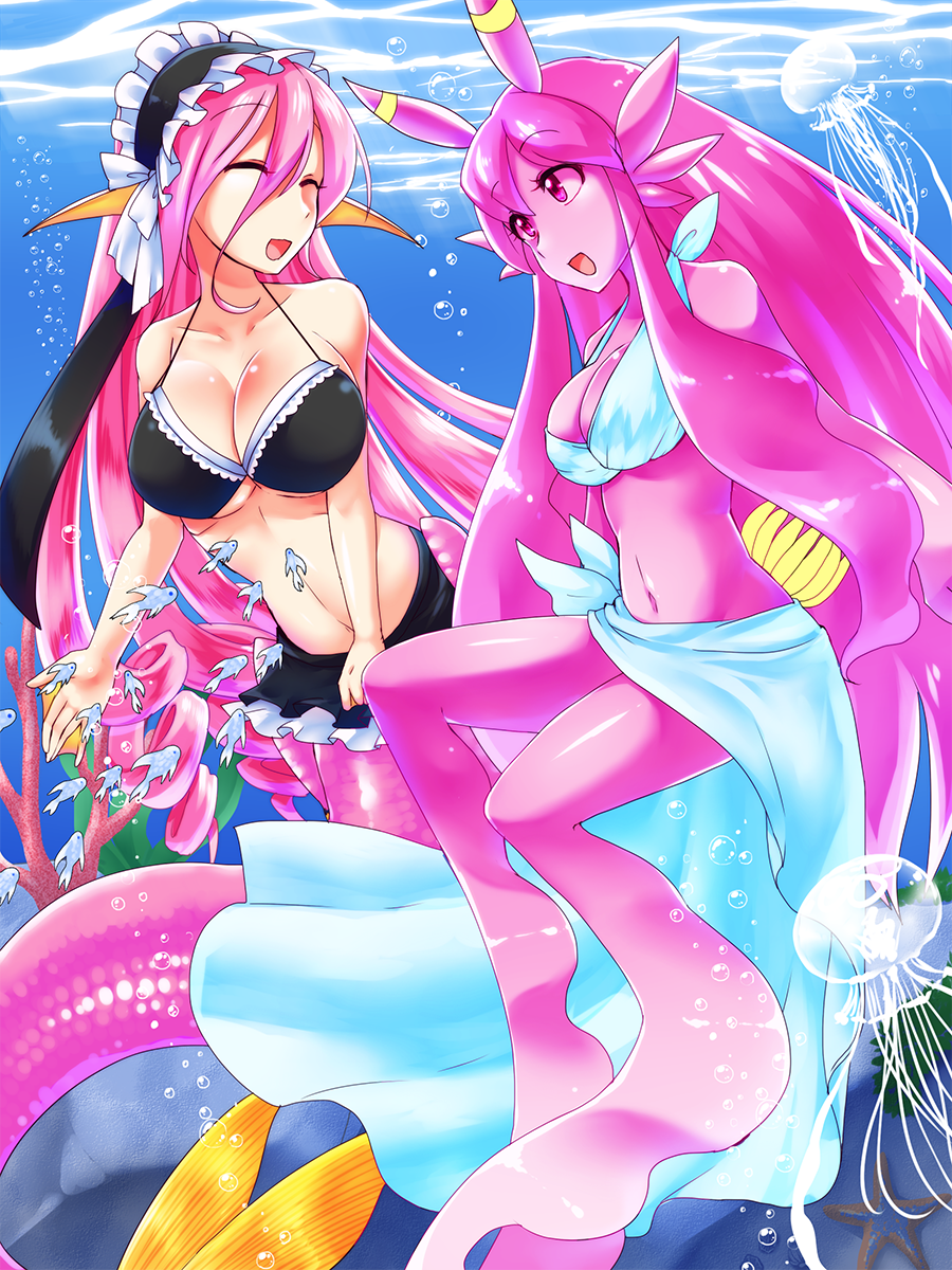 2girls, bikini, bikini_skirt, breasts, cleavage, closed_eyes, drill_hair, fish, head_fins, highres, jellyfish, large_breasts, long_hair, mermaid, meroune_lorelei, mogura_(susutake), monster_girl, monster_musume_no_iru_nichijou, multiple_girls, navel, pink_eyes, pink_hair, pink_skin, scales, swimsuit, underwater, very_long_hair, webbed_hands