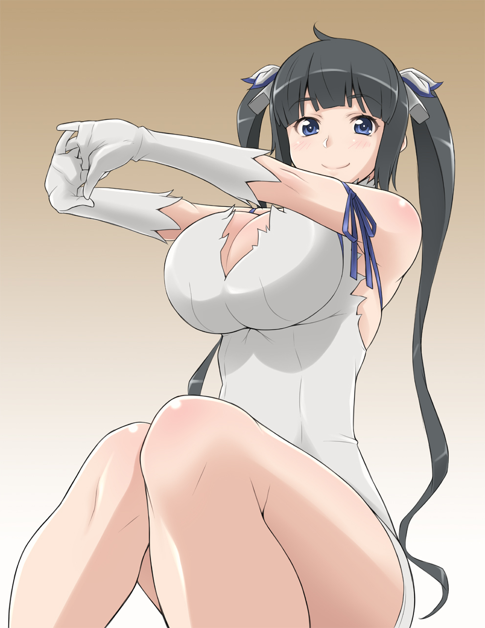 1girl, blue_eyes, breasts, cleavage, dungeon_ni_deai_wo_motomeru_no_wa_machigatteiru_darou_ka, gloves, hair_ribbon, hestia_(danmachi)