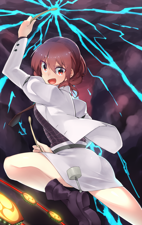 1girl, action, ass, boots, breasts, drum, drumsticks, glowing