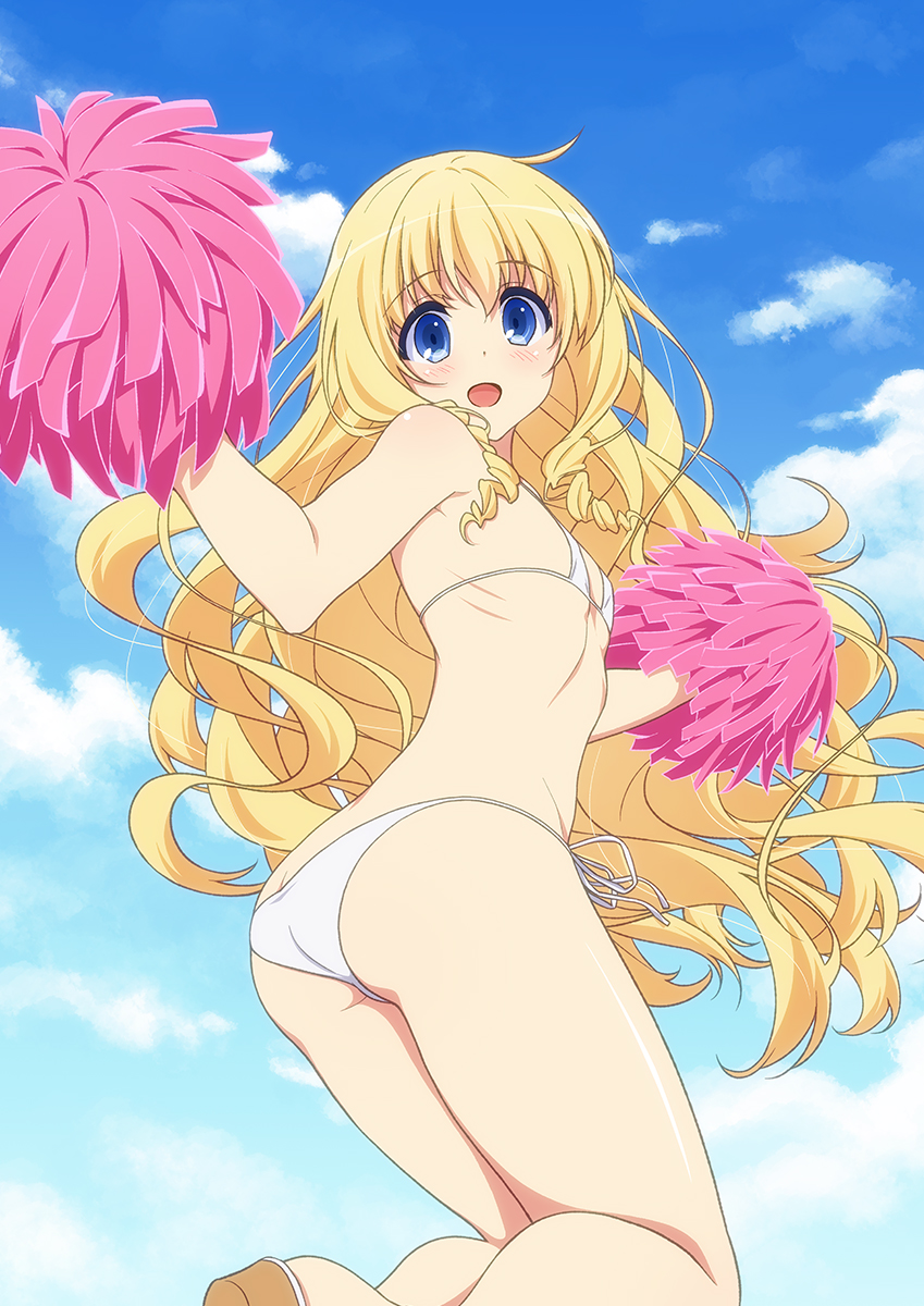 1girl, amagi_brilliant_park, ass, bikini, blonde_hair, blue_eyes, blush, drill_hair