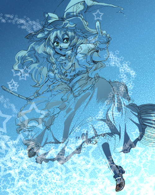 blue, broom, e-boris, kirisame_marisa, monochrome, pointing, shibe, star