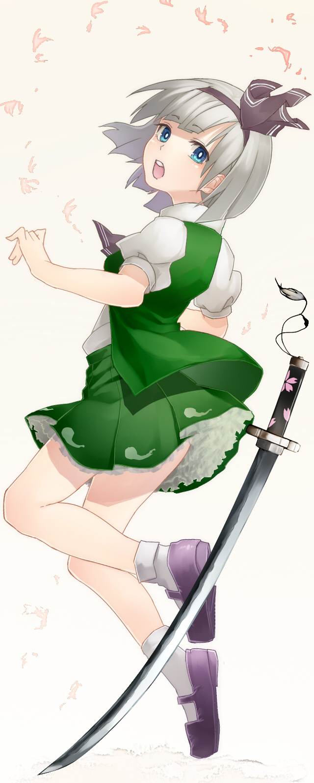 1girl, ascot, blue_eyes, bobby_socks, hair_ribbon, hairband, highres, katana
