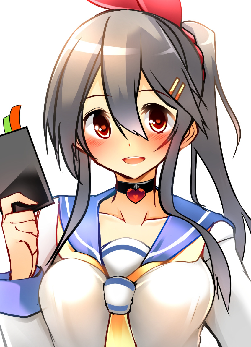 1girl, aoba_(kantai_collection), aoba_(kantai_collection)_(cosplay), black_hair, blush, breast_press, breasts, brown_eyes, collarbone, cosplay, hair_ornament, hair_ribbon, hairband, hairclip, haruna_(kantai_collection), highres, holding, jewelry, kantai_collection, long_hair, long_sleeves, looking_at_viewer, neckerchief, open_mouth, ponytail, ribbon, school_uniform, serafuku, simple_background, tsukui_kachou, upper_body, white_background