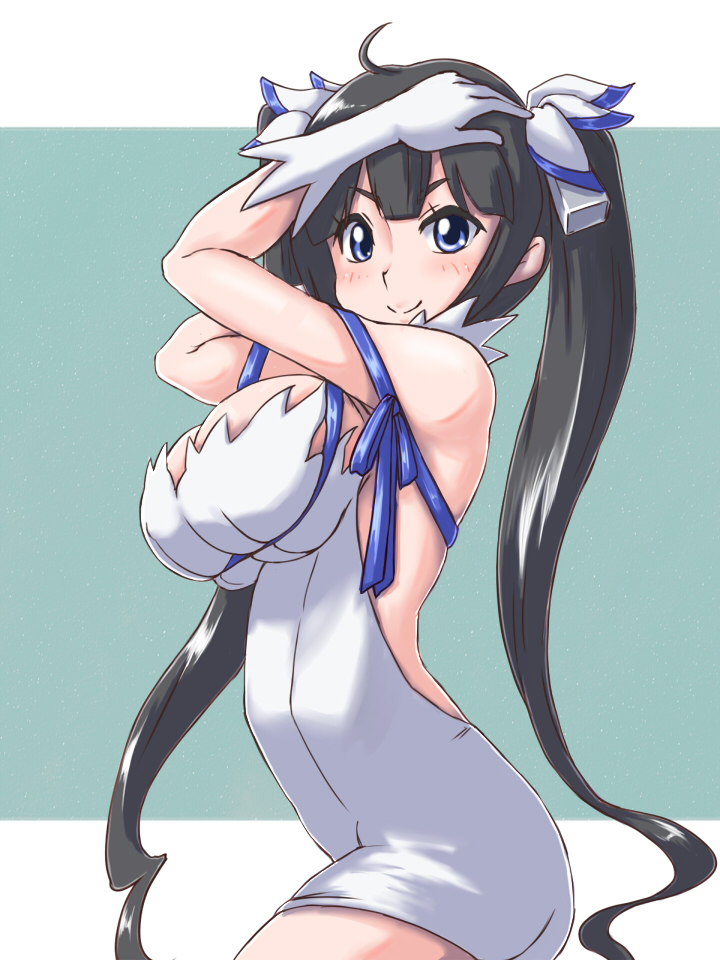 1girl, black_hair, blue_eyes, blush, breasts, dungeon_ni_deai_wo_motomeru_no_wa_machigatteiru_darou_ka, gloves, hair_ribbon