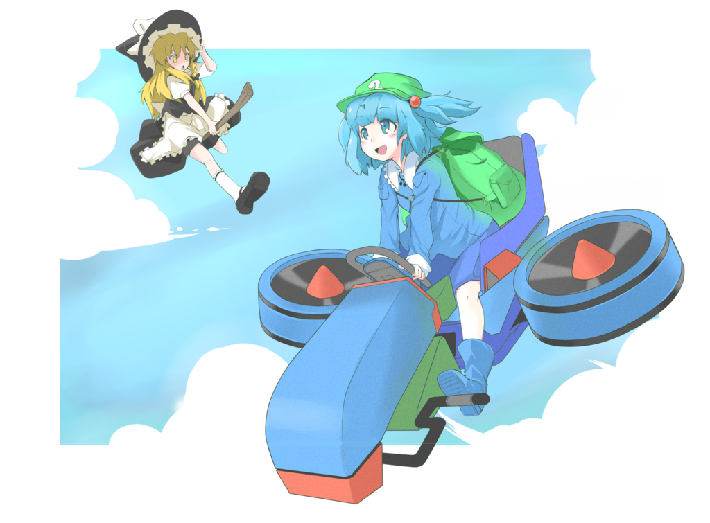 akihikohex, backpack, bag, black_shoes, blonde_hair, blue_boots, blue_clothes, blue_eyes