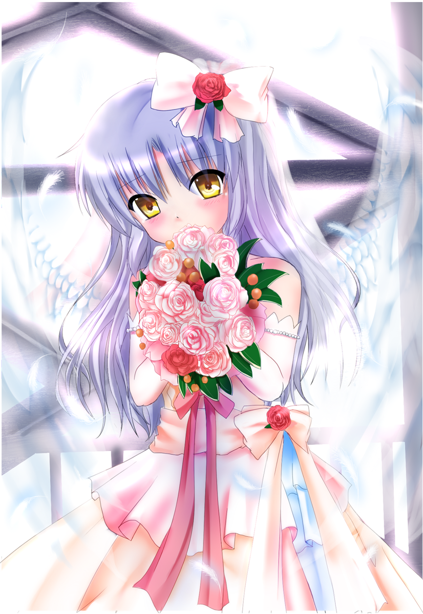 1girl, angel_beats!, angel_wings, bouquet, dress, elbow_gloves, flower, gloves