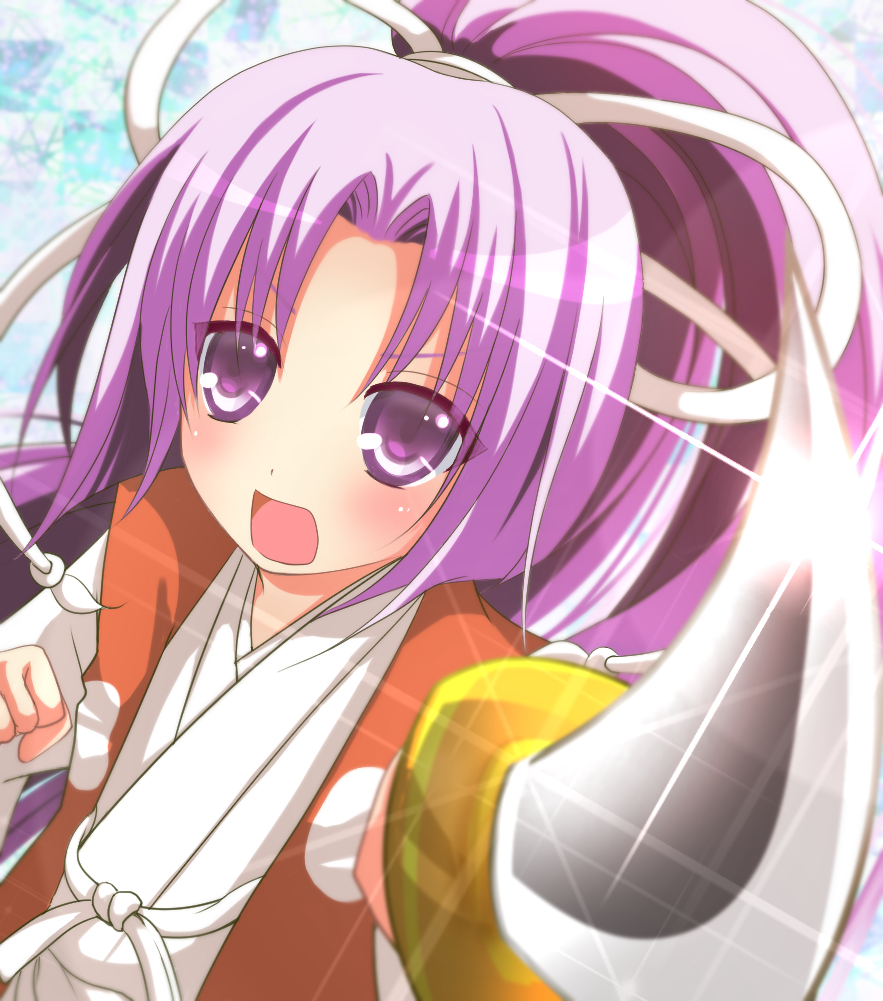 1girl, clenched_hand, glint, hakama, japanese_clothes, looking_at_viewer, meira, pointing_sword