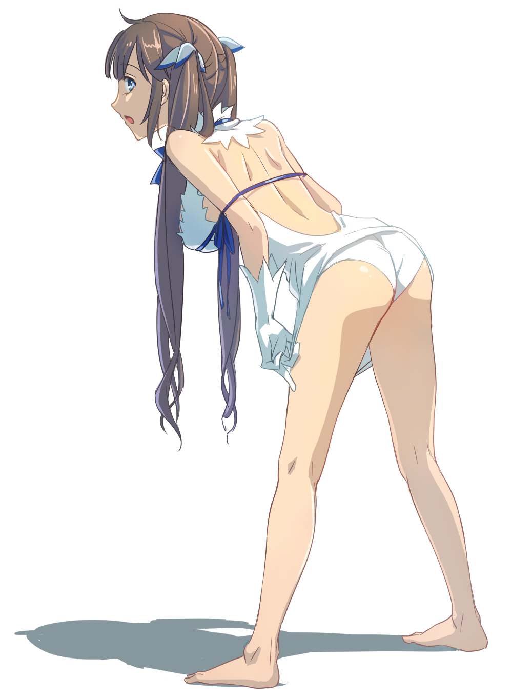 1girl, arm_ribbon, ass, bare_shoulders, barefoot, blue_eyes, bow, breasts