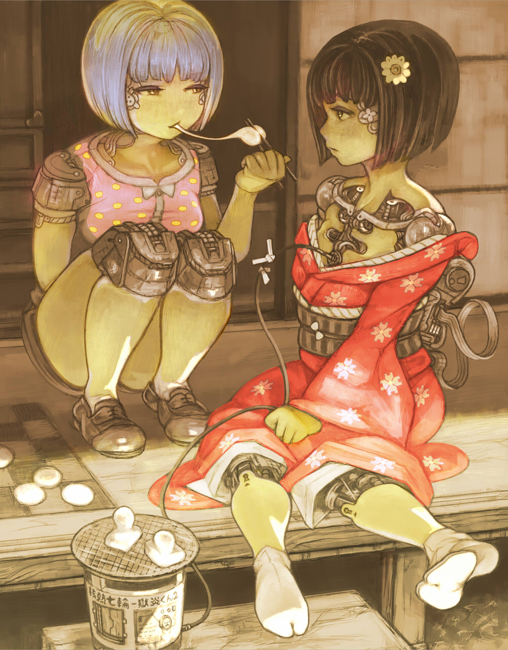 2girls, black_hair, blue_hair, catcar0983, eating, flower, food, highres