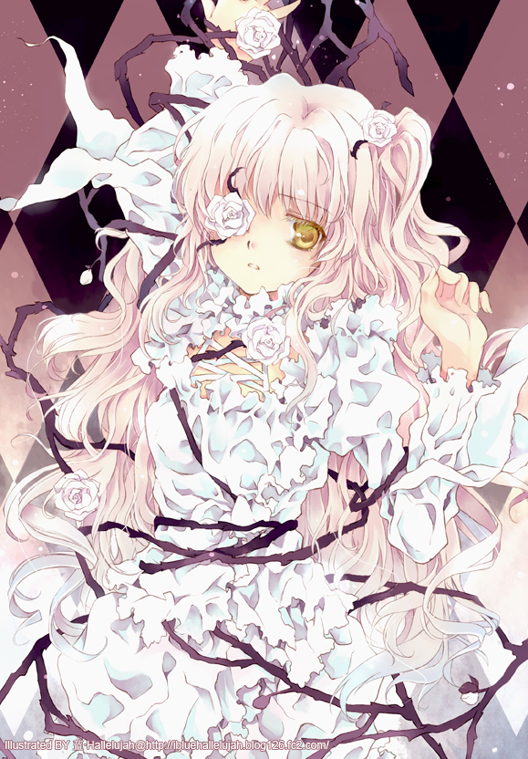 dress, eyepatch, flower, frills, kirakishou, lan_hallelujah, long_hair, pink_hair