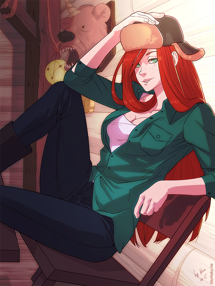 1girl, artist_name, bear, black_boots, boots, chair, denim, freckles