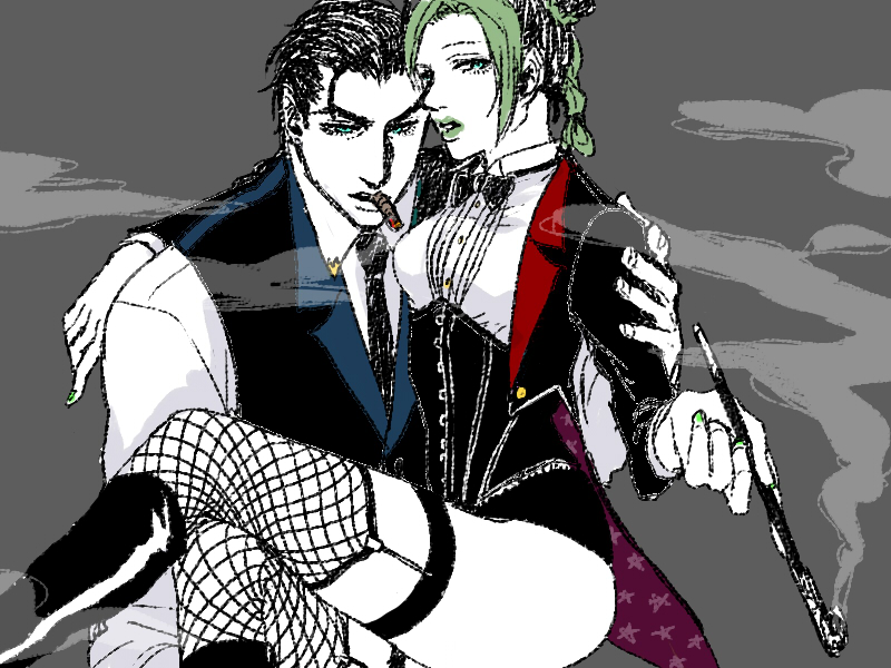 black_hair, bowtie, cigar, father_and_daughter, fishnet_legwear, fishnets, formal, garter_straps
