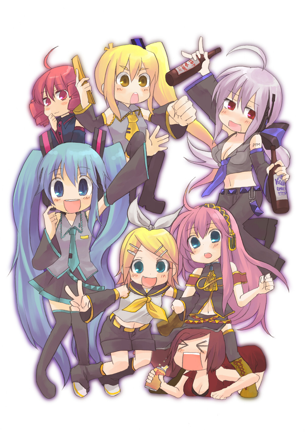 \m/, ahoge, akita_neru, aqua_eyes, aqua_hair, blonde_hair, blue_eyes, blush