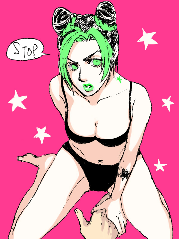 black_hair, bra, double_bun, from_above, green_eyes, green_hair, green_lipstick, holding_hands
