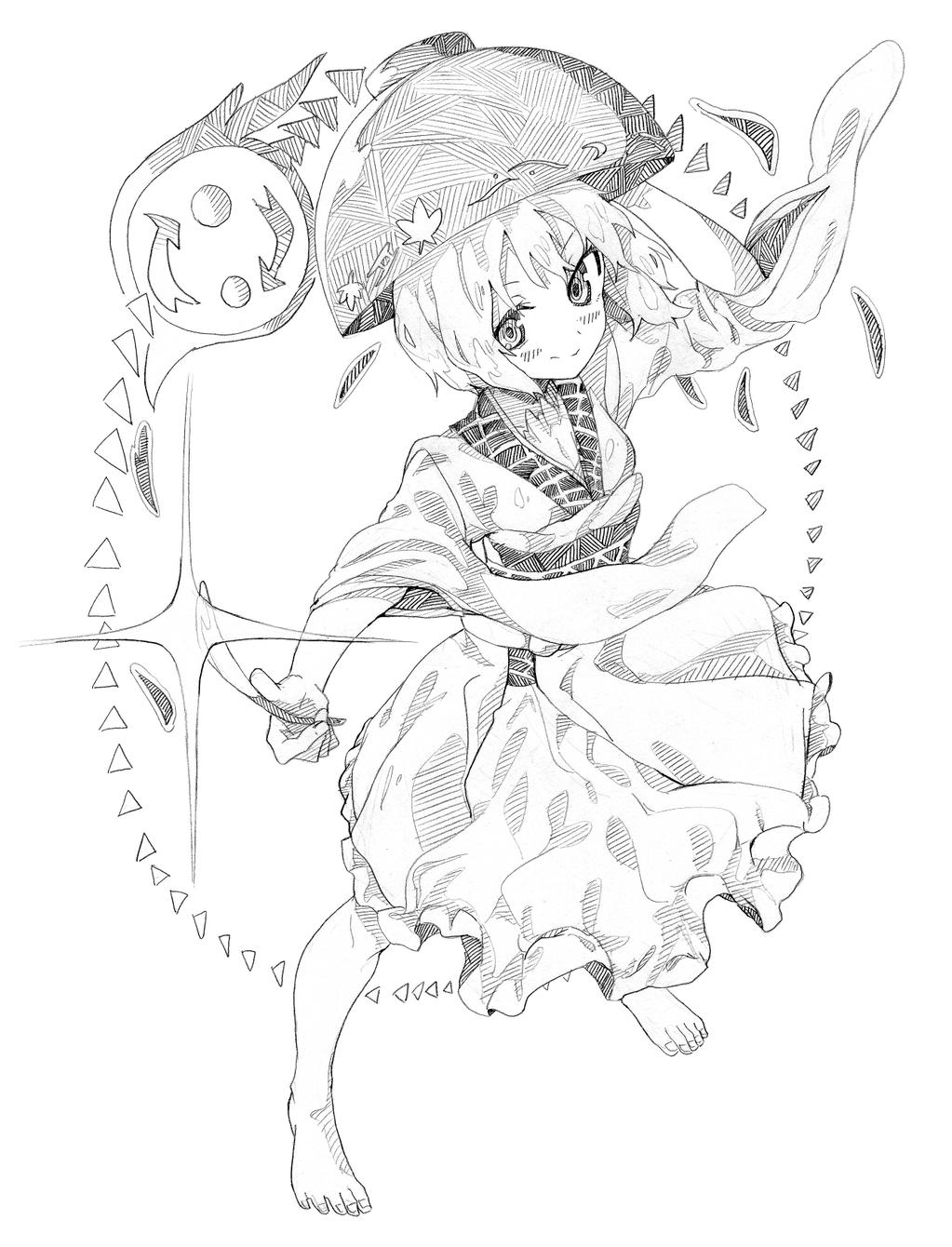 1girl, barefoot, bowl, hat, highres, japanese_clothes, kimono, monochrome