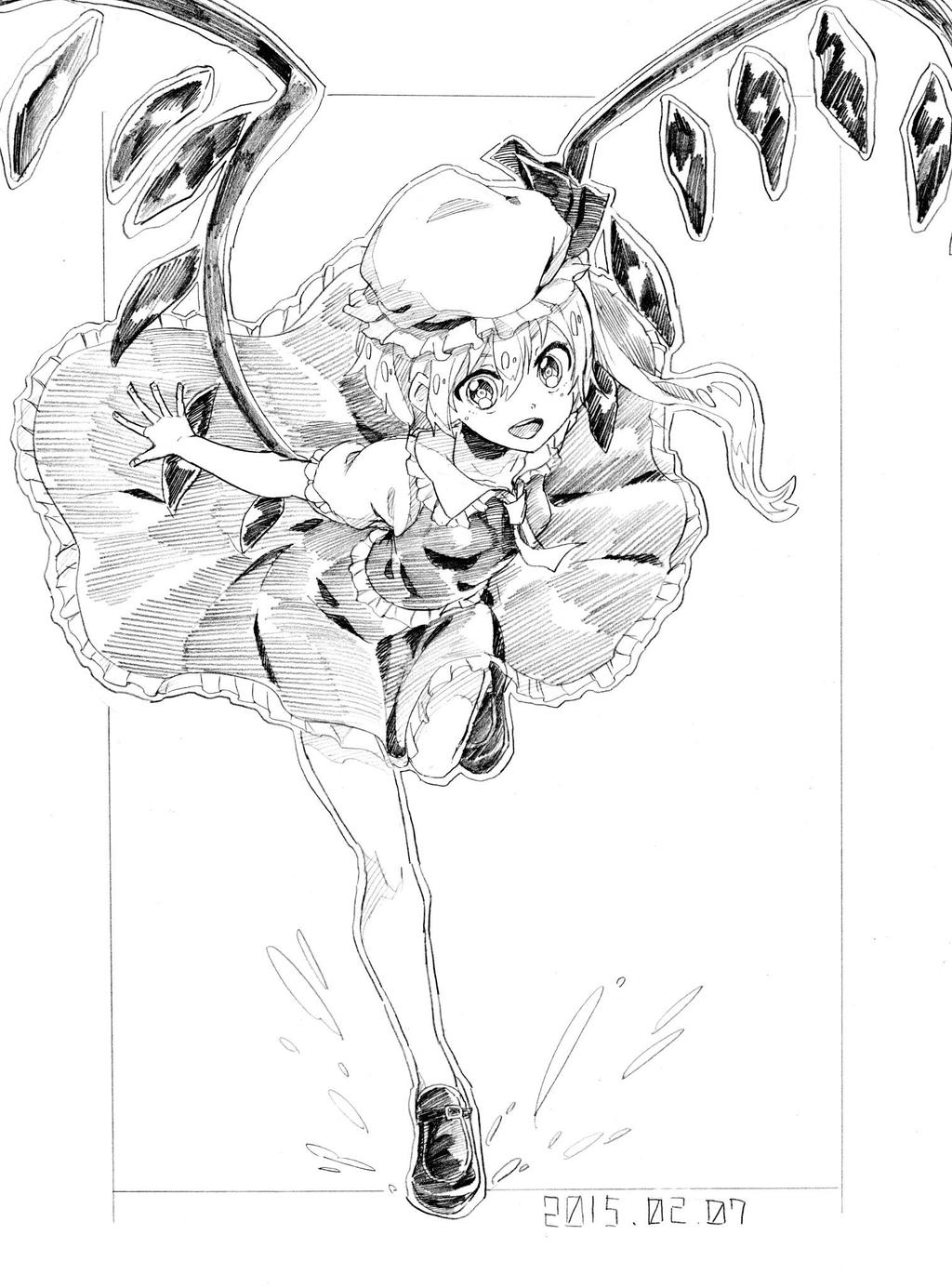 1girl, ascot, dated, flandre_scarlet, hat, highres, monochrome, monokurokenkenpa