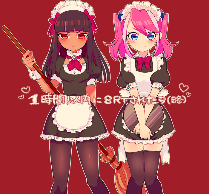 2girls, alternate_costume, apron, black_hair, blue_eyes, blush, dark_skin, enmaided