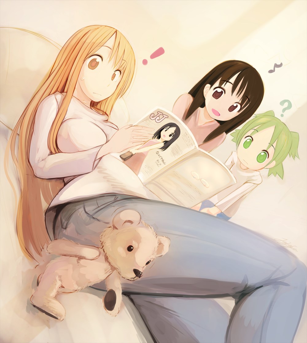 3girls, ayase_asagi, ayase_ena, azumanga_daioh, blush, brown_eyes, brown_hair, crossover