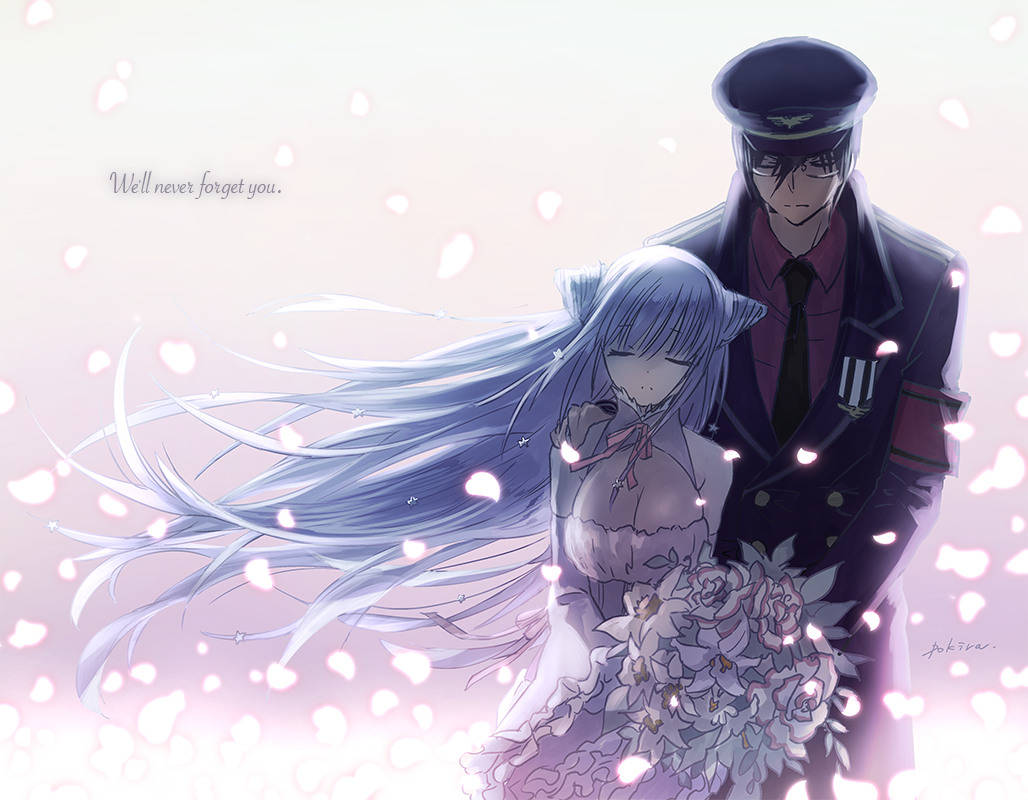 1boy, 1girl, bouquet, closed_eyes, double_bun, flower, fujiwara_cocoa_(mangaka), katsute_mahou_shoujo_to_aku_wa_tekitai_shiteita