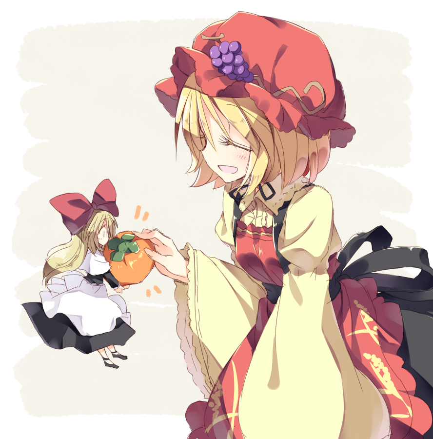 1girl, aki_minoriko, apron, blonde_hair, bow, capelet, closed_eyes, food