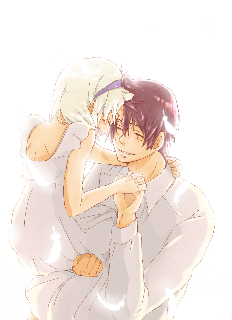 1boy, 1girl, carrying, closed_eyes, couple, dear, feathers, forehead-to-forehead