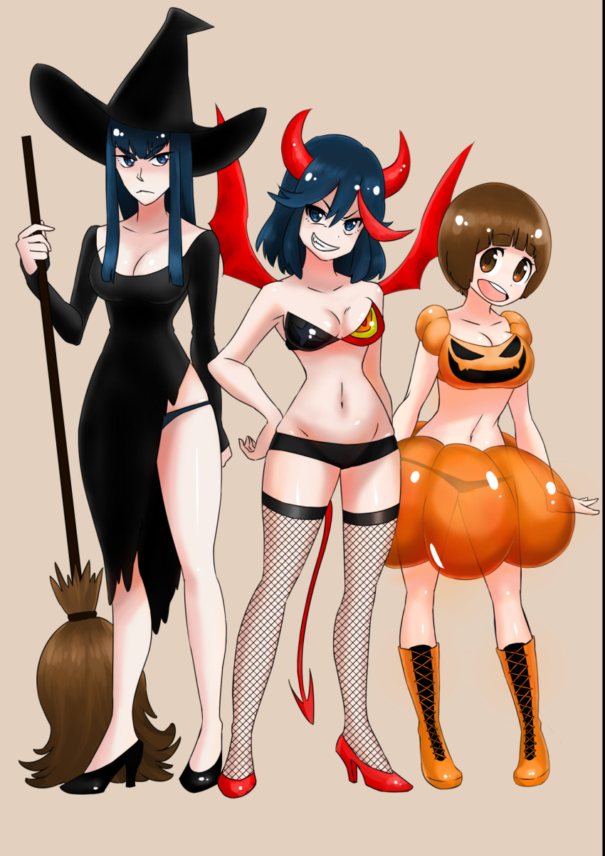 3girls, bikini, black_dress, black_hair, boots, broom, brown_hair, demon_horns