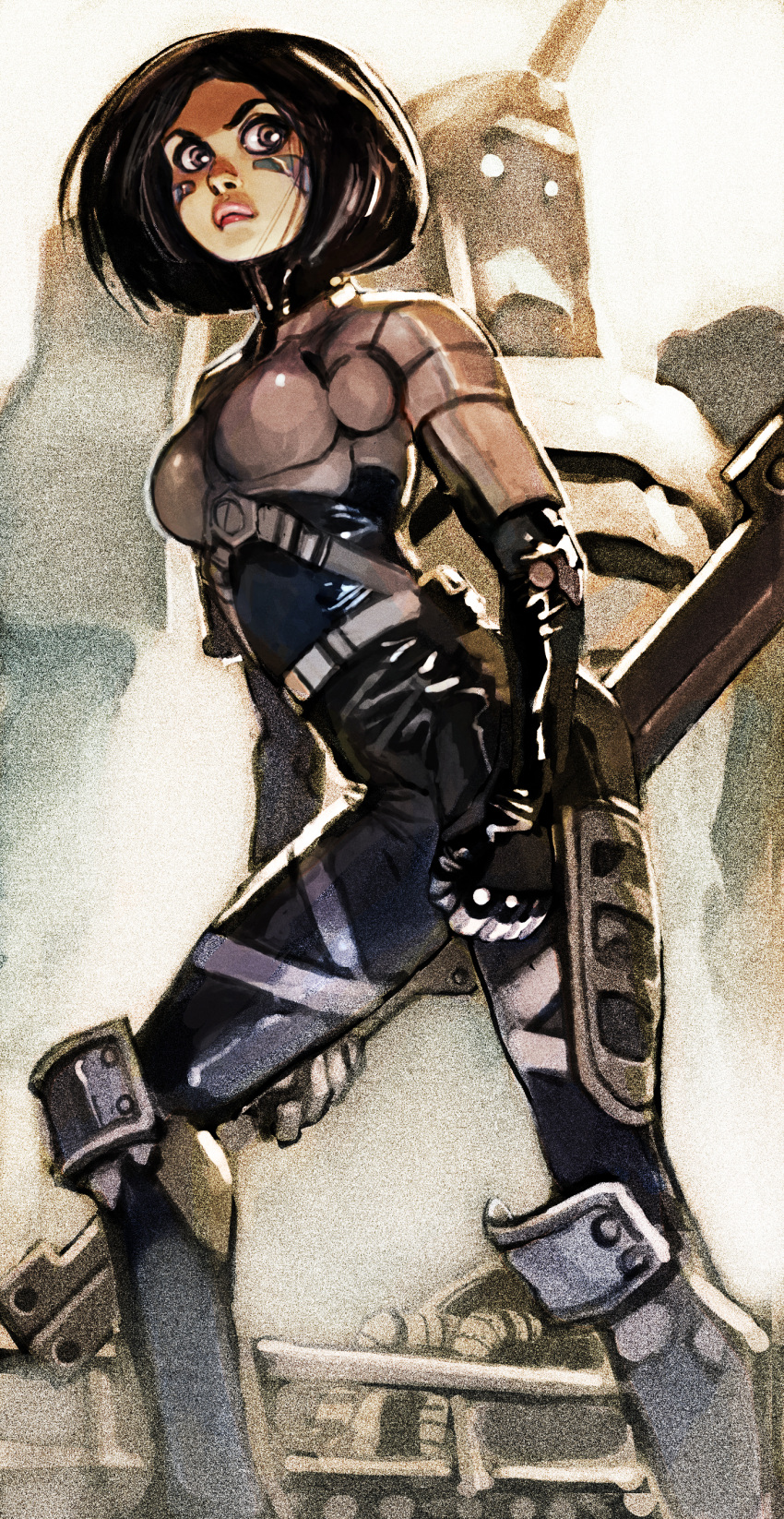 1girl, absurdres, black_hair, bodysuit, breasts, cowboy_shot, cyborg, facial_mark