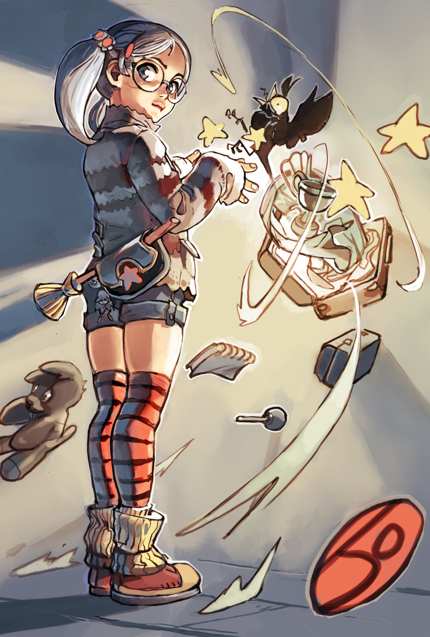 1girl, animal, bird, blue_eyes, crow, full_body, glasses, grey_hair