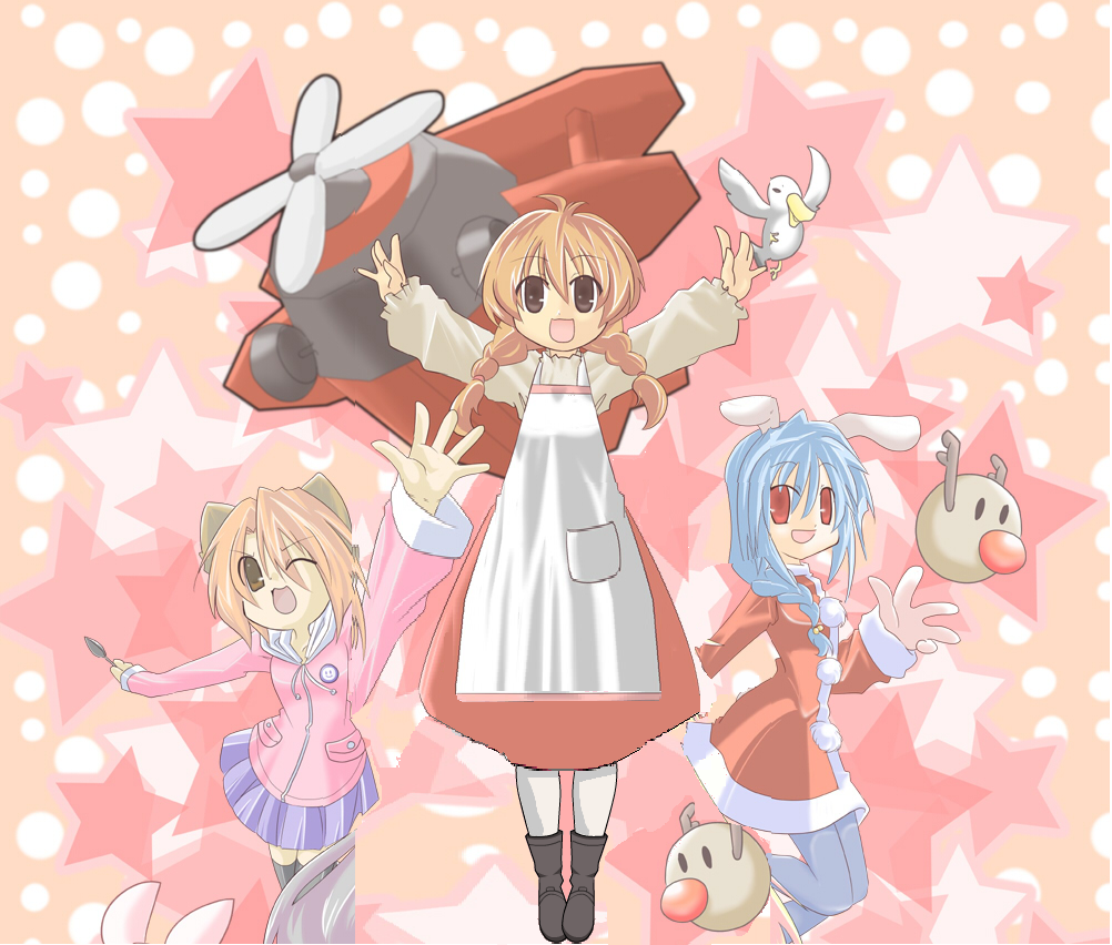 100_percent_orange_juice, 3girls, animal_ears, aru_(orange_juice), boots, braid, brown_eyes, brown_hair