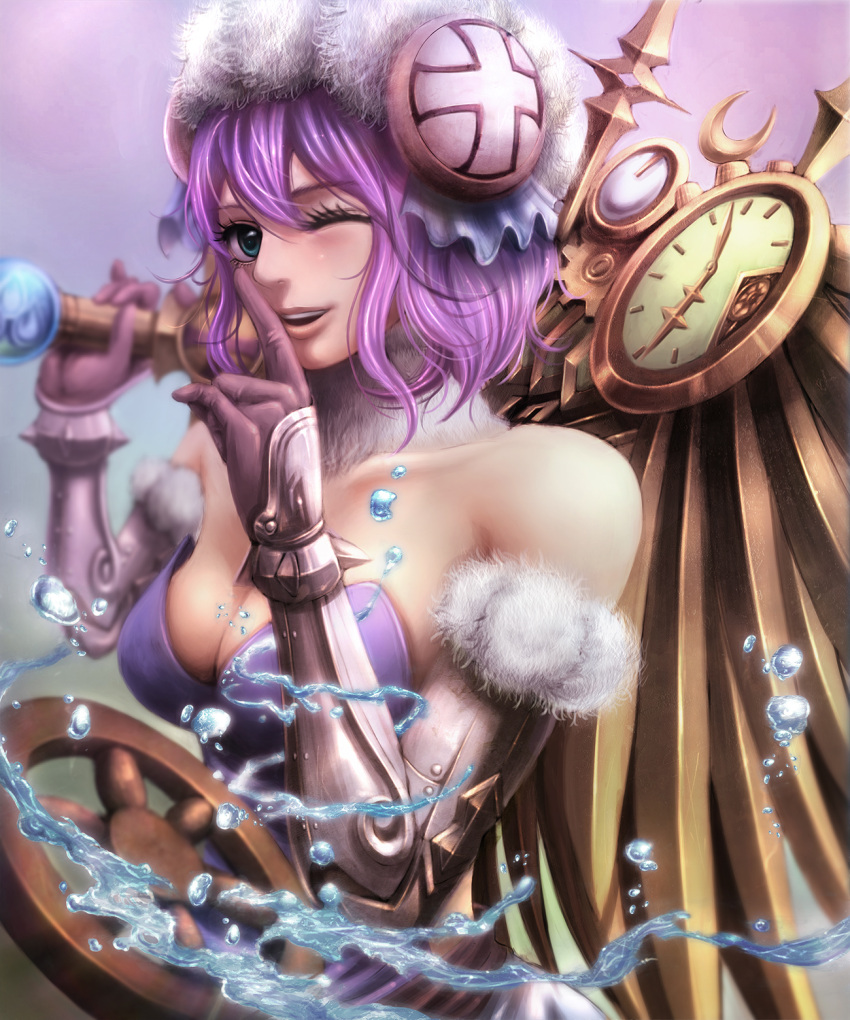 1girl, aqua_eyes, bare_shoulders, breasts, cleavage, clock, elbow_gloves, gloves