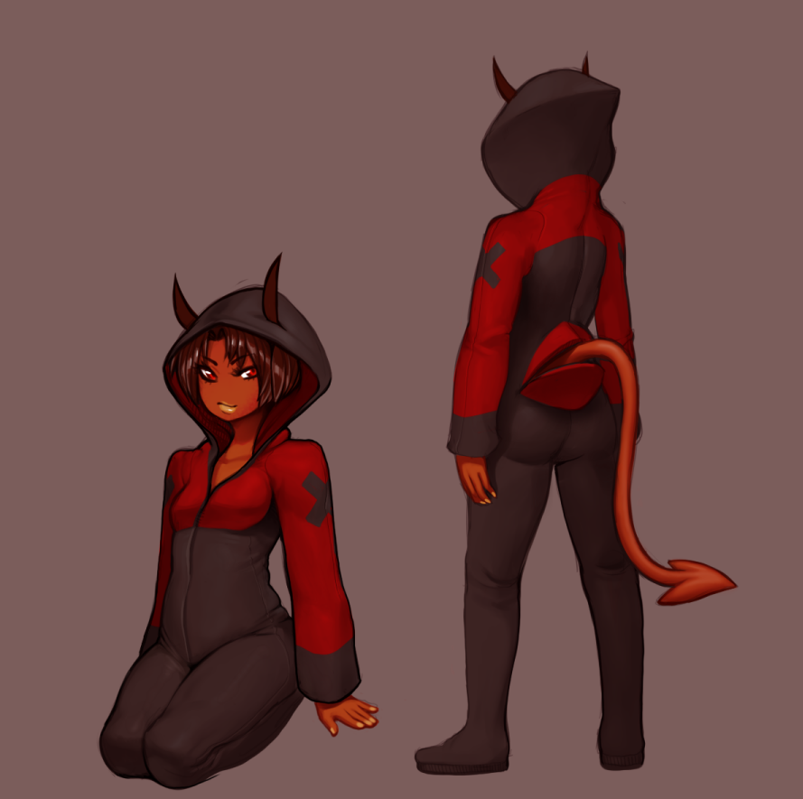 1girl, aniece_(nitrotitan), ass, bodysuit, brown_hair, character_sheet, dark_skin, demon_girl