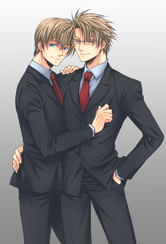 2boys, arm_around_waist, blonde_hair, blue_eyes, dual_persona, formal, hand_in_pocket, hand_on_shoulder, kichiku_glasses, male_focus, multiple_boys, necktie, saeki_katsuya, smile, sousui_hani, suit