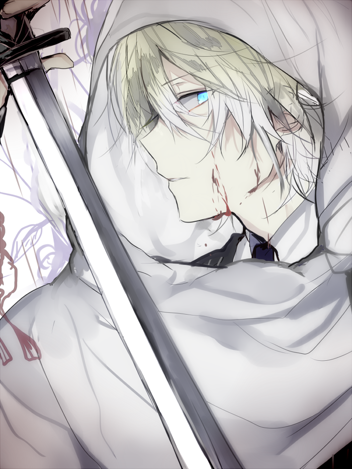 1boy, blonde_hair, blood, blood_on_face, blue_eyes, hood, male_focus, poni_(rito), profile, sword, touken_ranbu, weapon, yamanbagiri_kunihiro