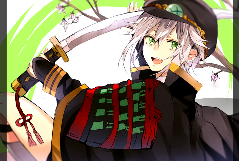 1boy, cape, green_eyes, hat, hotarumaru, male_focus, nodachi, open_mouth