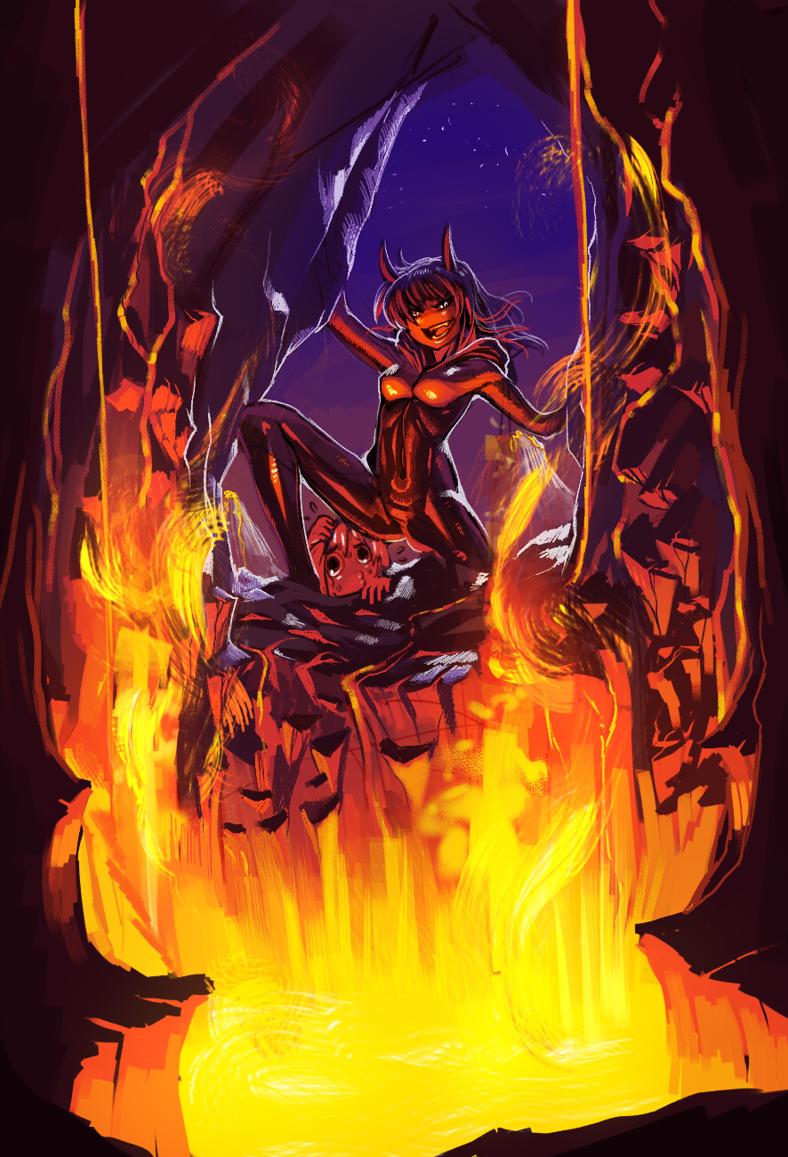 2girls, :3, ami_dixie, aniece_(nitrotitan), bodysuit, dark_skin, demon_girl, demon_tail