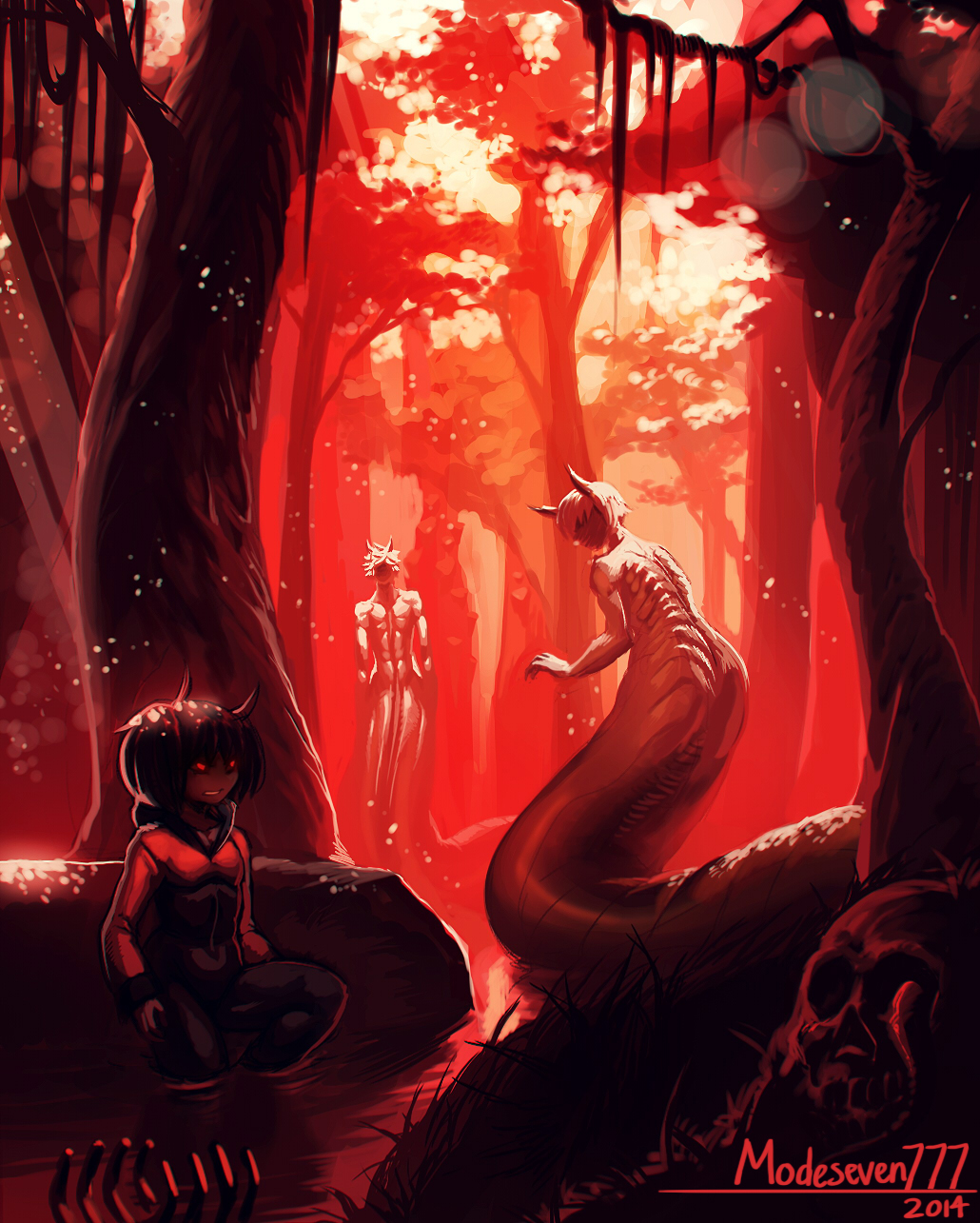 1girl, aniece_(nitrotitan), bodysuit, dark_skin, demon_girl, forest, hiding, highres