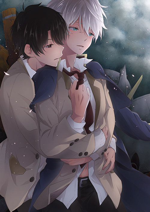 2boys, aldnoah.zero, brown_hair, green_eyes, grey_hair, hug, hug_from_behind, kaizuka_inaho