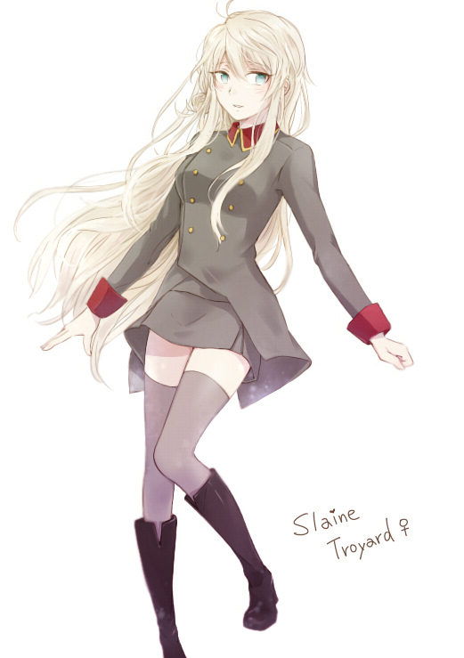 1girl, aldnoah.zero, blue_eyes, blush, boots, genderswap, long_hair, open_mouth