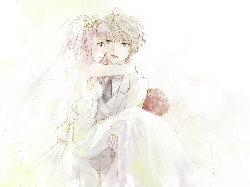 1boy, 1girl, aldnoah.zero, bare_shoulders, blue_eyes, blush, bouquet, bridal_veil