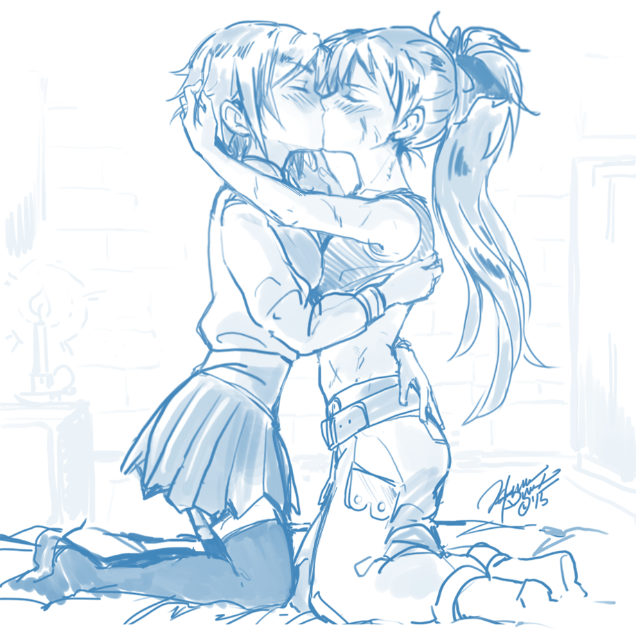 2girls, blush, closed_eyes, crop_top, ddhew, fantasy, hand_under_clothes, kiss, long_hair, mahou_shoujo_madoka_magica, miki_sayaka, multiple_girls, pants, sakura_kyouko, short_hair, skirt, small_breasts, thigh-highs, undressing, yuri